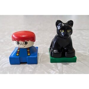 Vintage LEGO Duplo Black Cat Panther & Red Hair Blue Body Person Figure